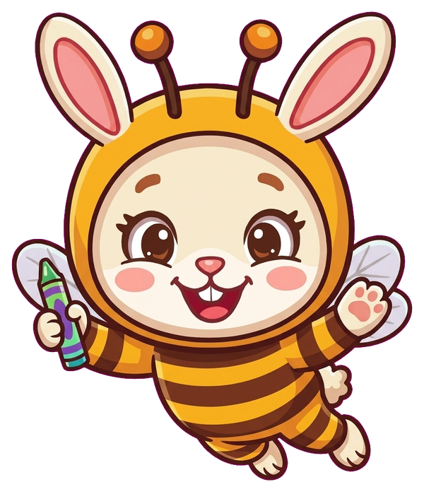 Buni Bee mascot: a bunny in a bee costume waving and holding a crayon